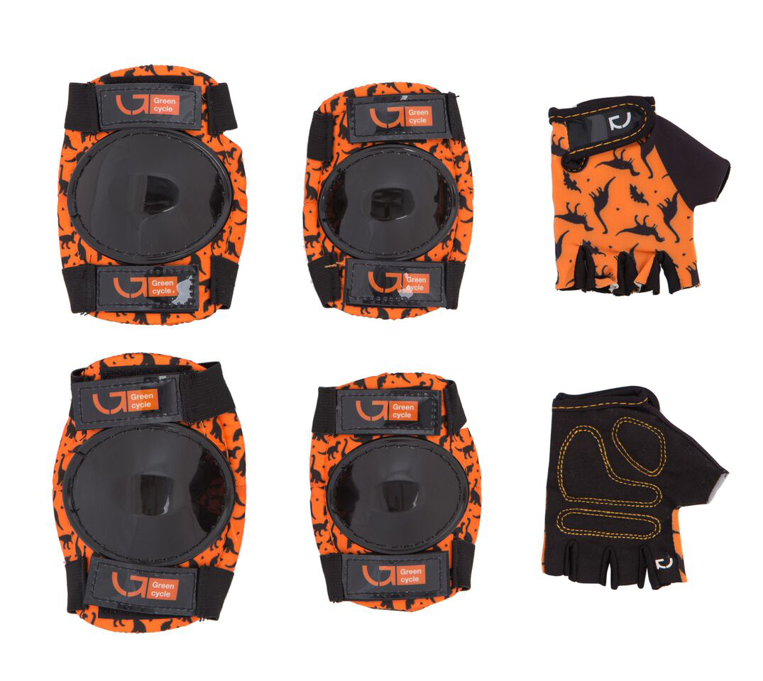 Защита для детей Green Cycle Dino Orange наколенники, налокотники, перчатки (размер М), оранжевые фото 