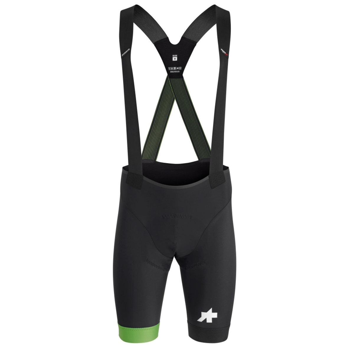 Велотрусы ASSOS Equipe RS Bib Shorts S9 Data Green, на лямках, мужские, черные с зеленым, S