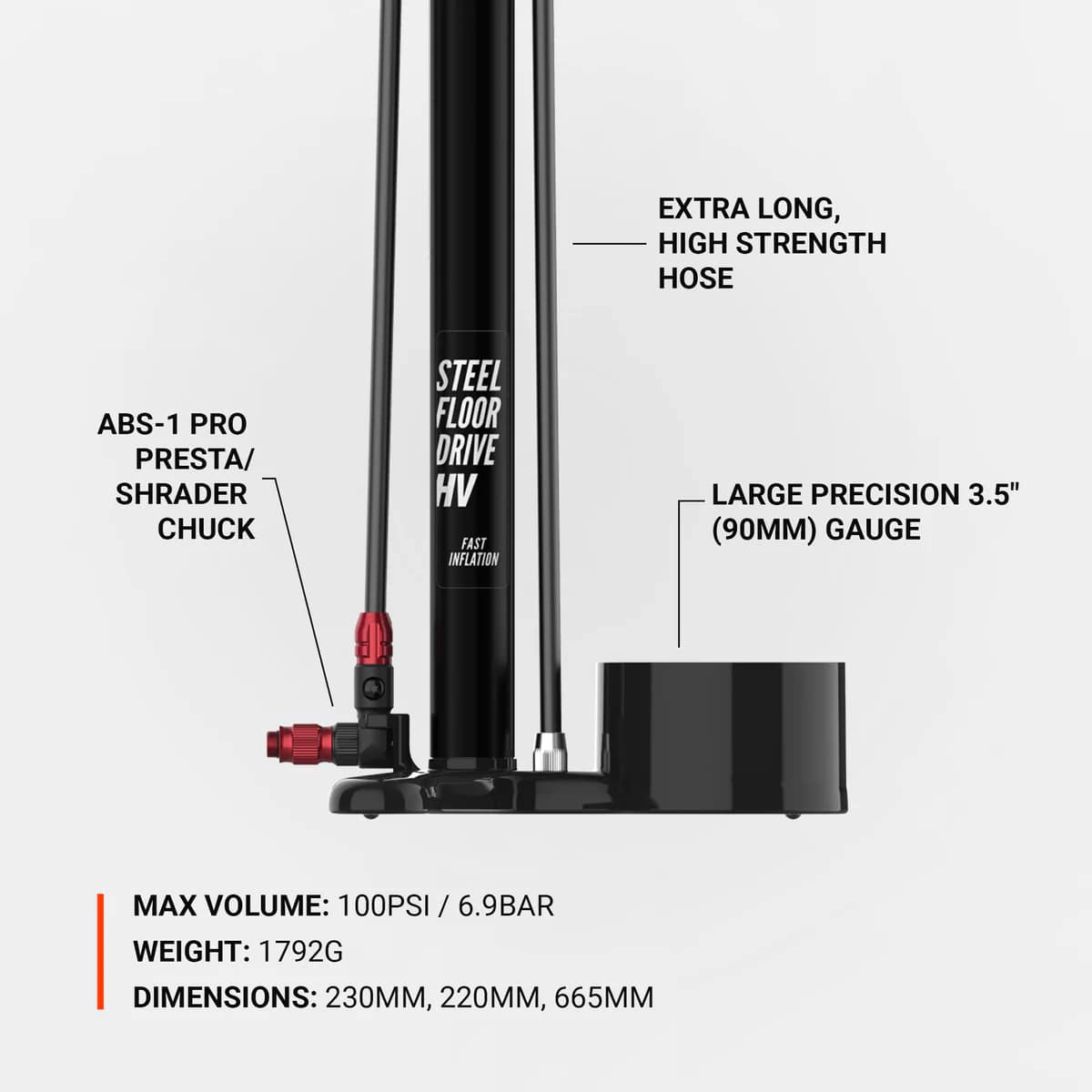 Насос підлоговий Lezyne STEEL FLOOR DRIVE HV, з манометром 3,5", 100psi, чорний матовий фото 3