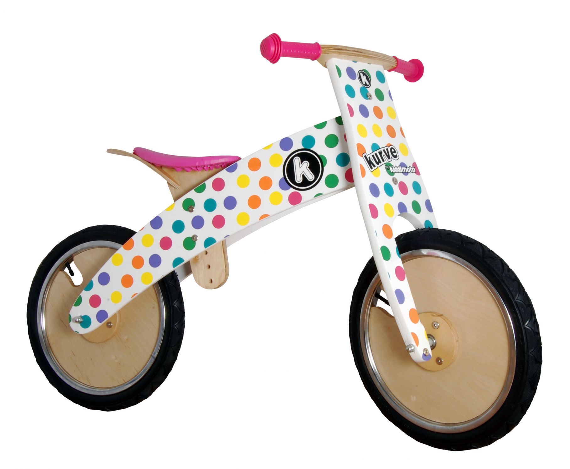 Беговел 12" Kiddimoto Kurve деревянный, белый в цветной горошек фото 
