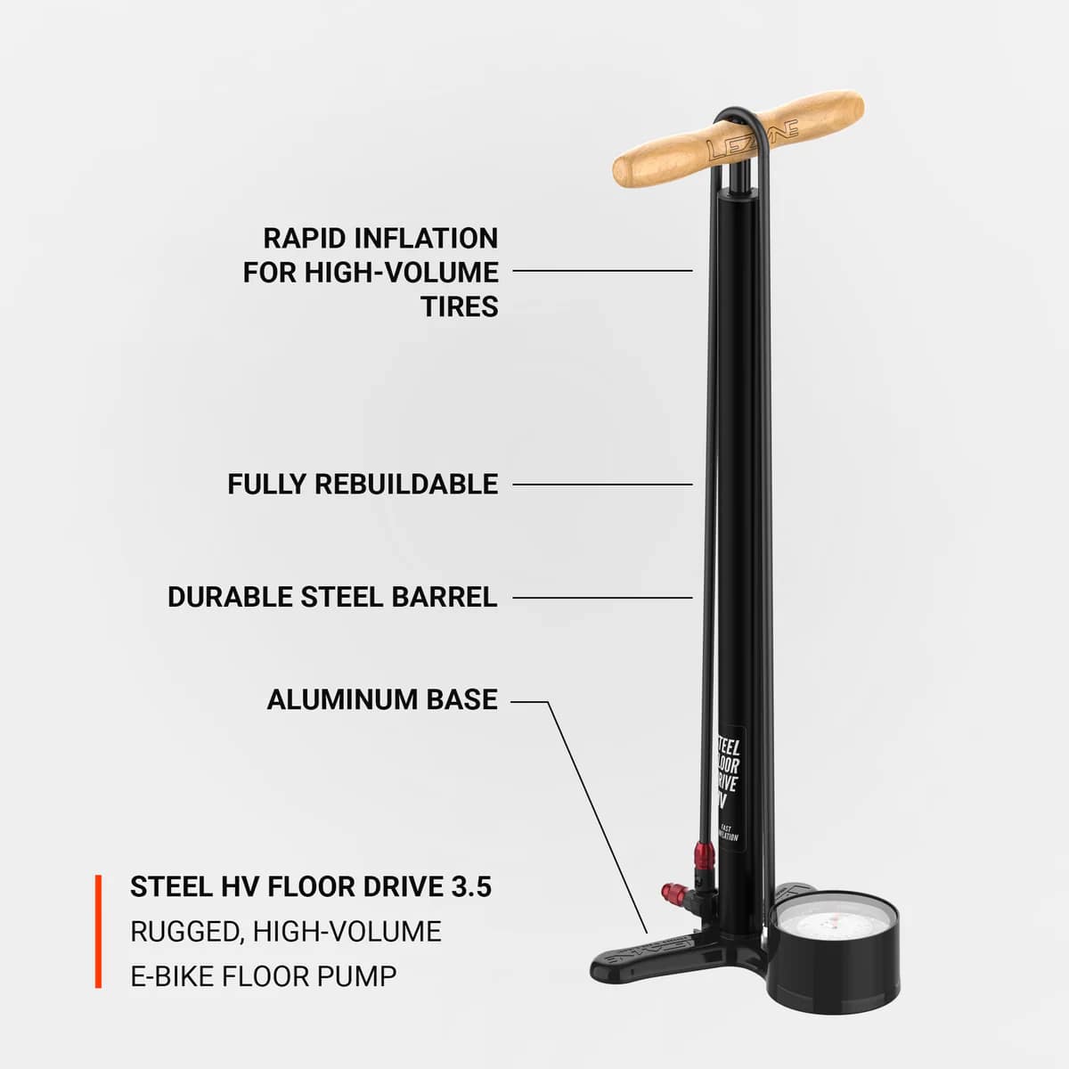 Насос підлоговий Lezyne STEEL FLOOR DRIVE HV, з манометром 3,5", 100psi, чорний матовий фото 2