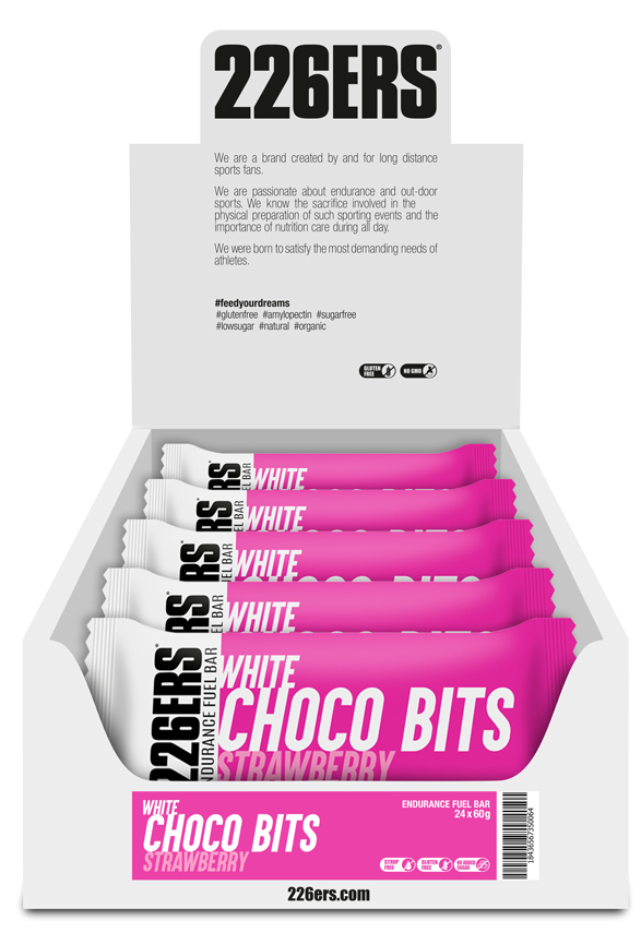 Батончик 226ERS Endurance Fuel Choco bits Energy білий шоколад/полуниця 60г 24шт/уп 1440г фото 