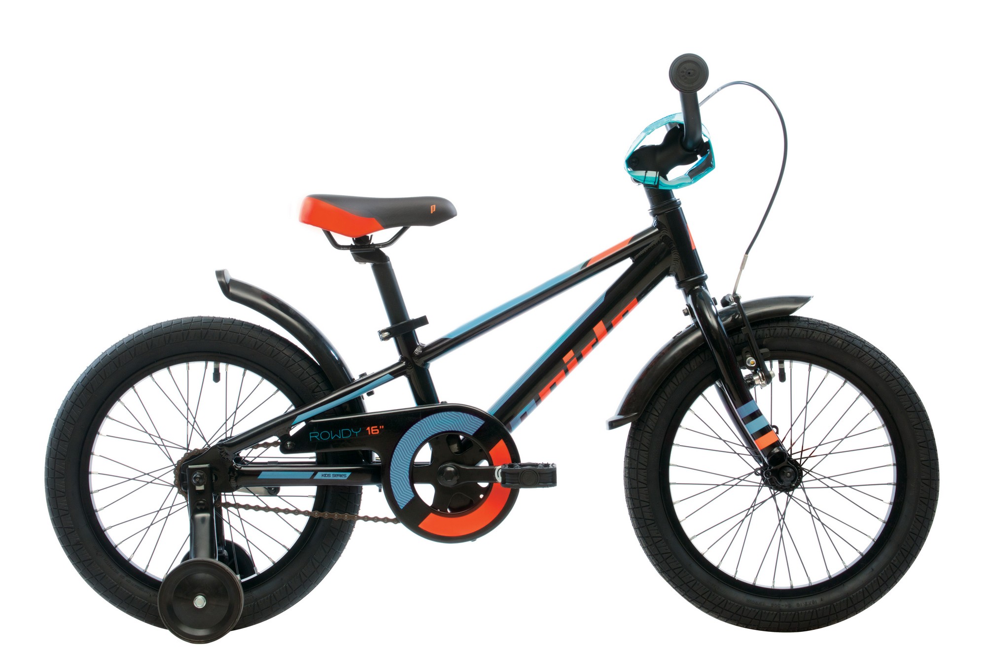 Велосипед 16" Pride ROWDY черный/голубой/оранжевый фото 