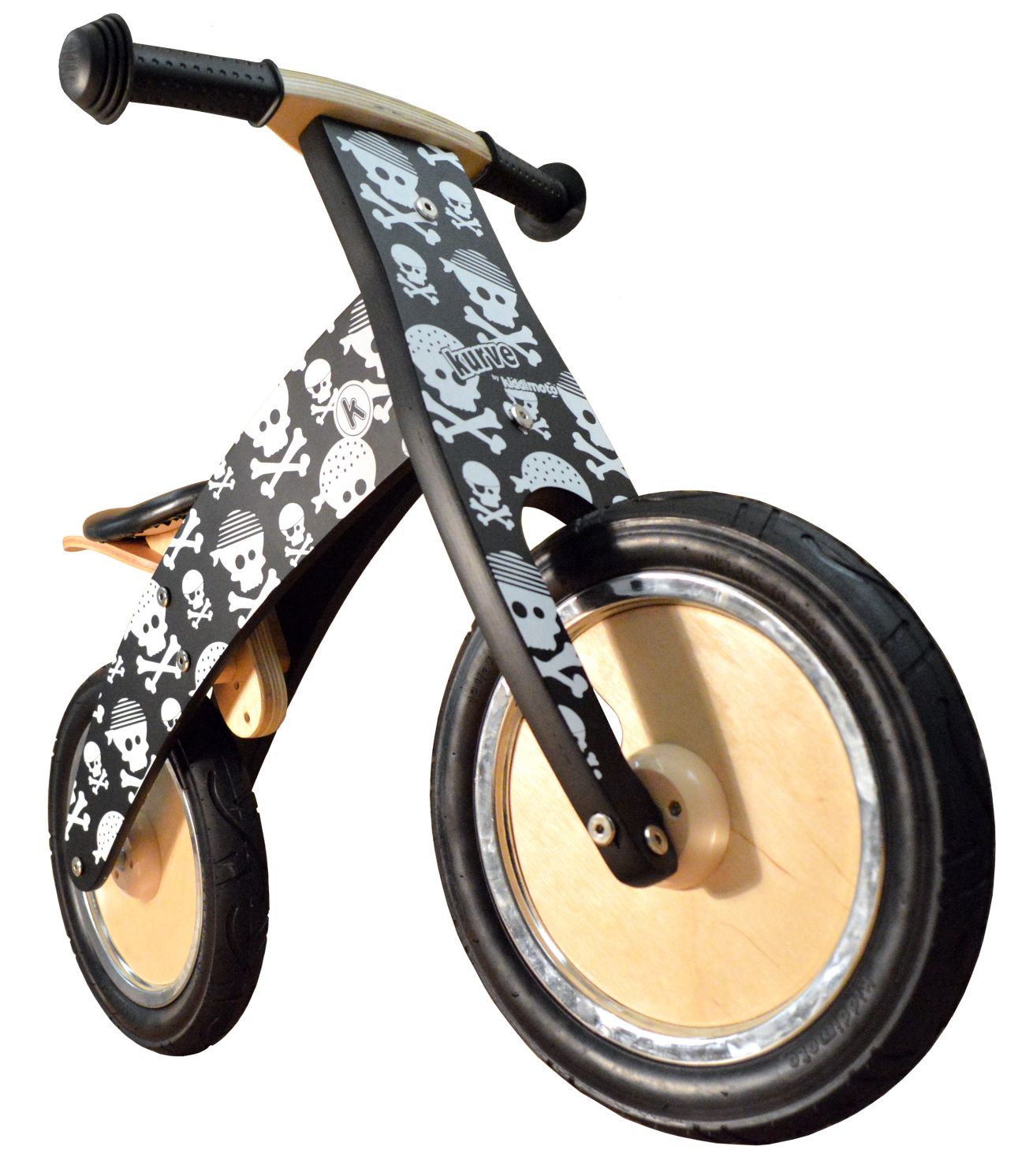 Беговел 12" Kiddimoto Kurve деревянный, чёрный с черепами фото 