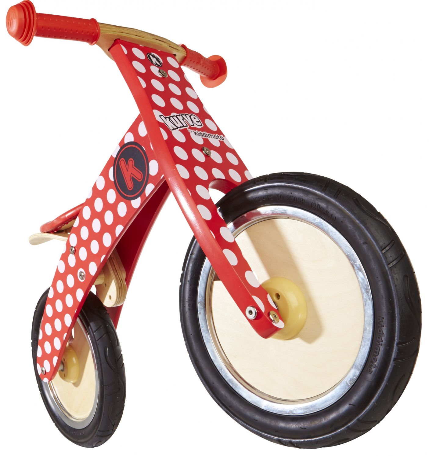 Беговел 12" Kiddimoto Kurve деревянный, красный в белый горошек фото 