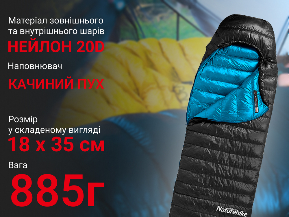 Спальний мішок Naturehike CW400 NH18C400-D, пух, розмір L, чорно-блакитний фото 6