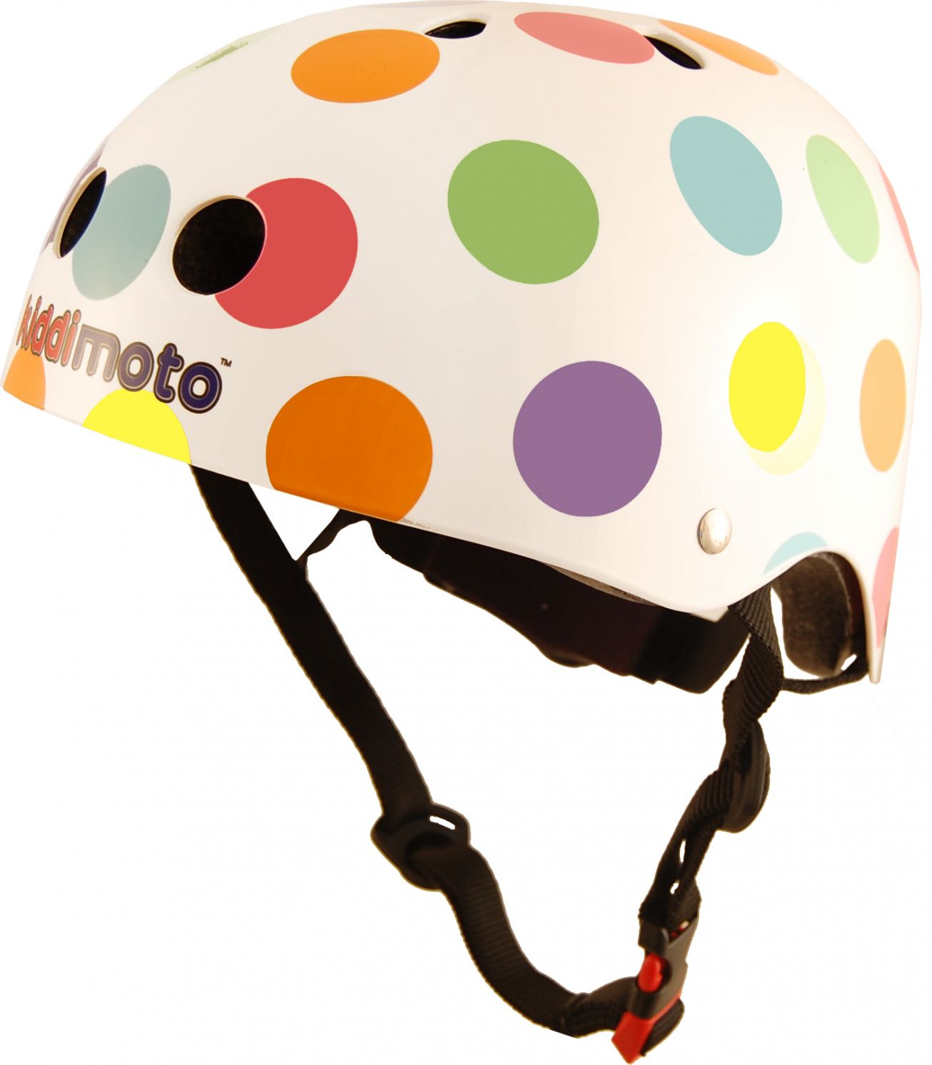 Шлем детский Kiddimoto белый в цветной горошек, размер M 53-58см фото 