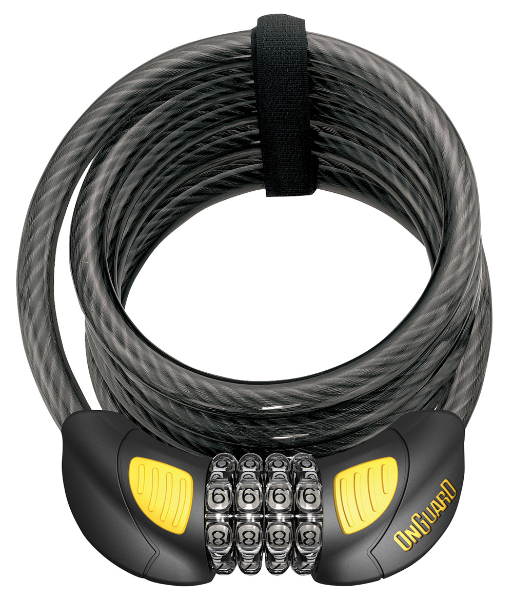 Замок ONGUARD DOBERMAN GLO кодовий на 4 цифри з LED-підсвіткою. Спіральний трос 185см х 12мм, поворотний тримач на раму фото 