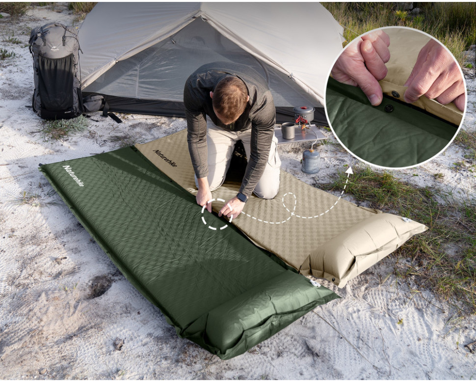 Коврик самонадувной Naturehike CNK2450WS020, с подушкой, 200х63х10 см, темно-зеленый фото 4