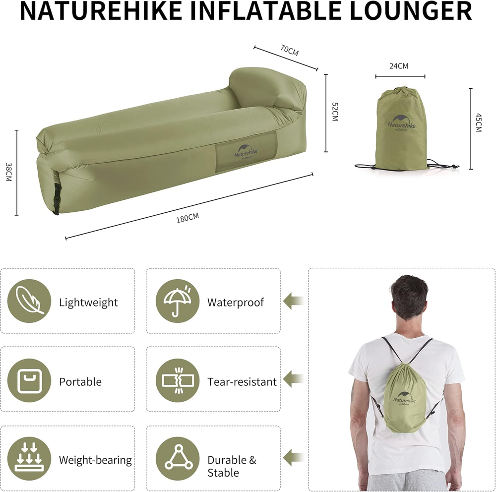 Ламзак надувний Naturehike NH20FCD06, 180х70х52 см, чохол-рюкзак, оливковий фото 4